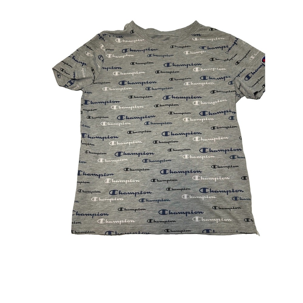 Champion Youth 7/8 Gray All Over Logo Print T-Shirt Short Sleeve Graphic Tee